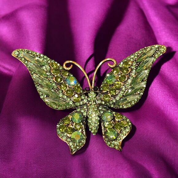 Sparkly Green & Blue Rhinestone Butterfly Insect Brooch Pin with 3.5" Wingspan - Picture 1 of 10